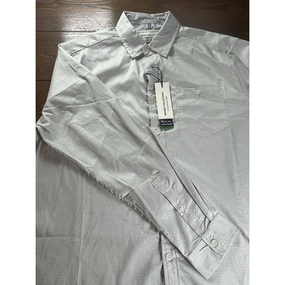 NEW Report Collection Mens XL Gray Grid Pattern Button-Down Cotton Stretch Shirt